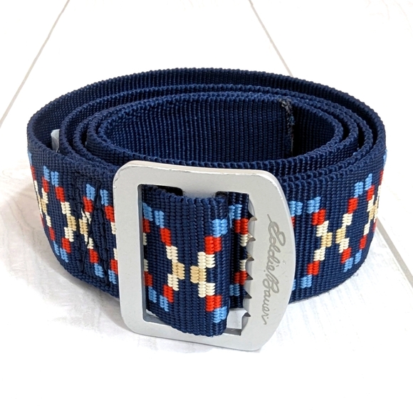Eddie Bauer Belt Women's Size Small Medium Blue Red Beige with Silver Buckle - Picture 9 of 10
